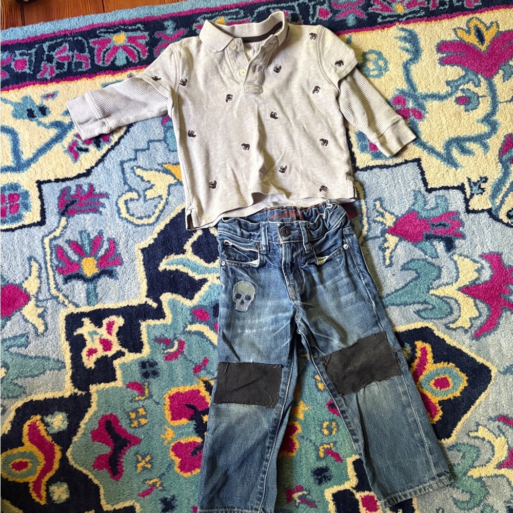 GAP Toddler Heather bear Polo Top with Blue Denim skull Jeans 2 years bundle lot